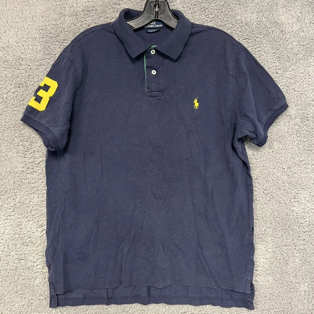 VTG Polo Ralph Lauren Shirt Men's Sz L Blue/Yellow Pony Accent Collar/Placket #3